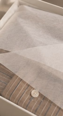 Tissuepapier half opengeslagen over een gestreept kledingstuk